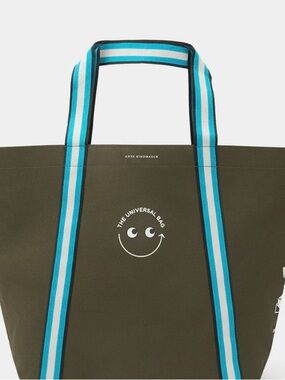 Anya Hindmarch Olive 'The Universal Bag' Tote with Blue Stripe Handles